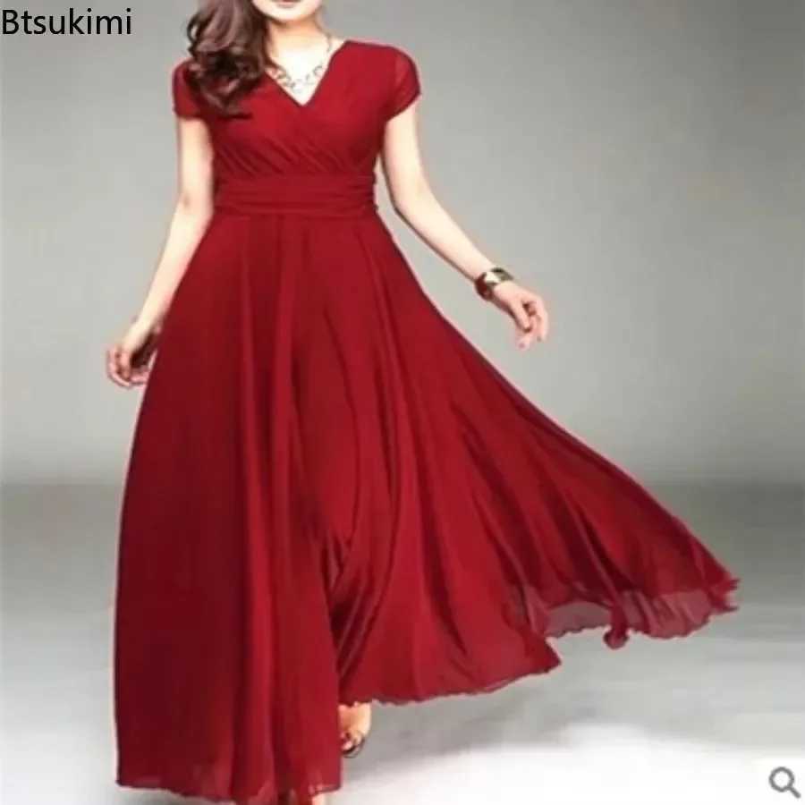 2026 Womens V Neck Short Sleeve Evening Party Dress Temperament Solid Colour Long Cocktail Chiffon High Waist Summer DressesT260316