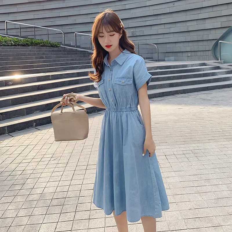 Lightweight Denim-Like Womens Dress Summer New Korean Style High-Waisted Button-Front Shirt Dress Versatile Casual Midi DressT260314