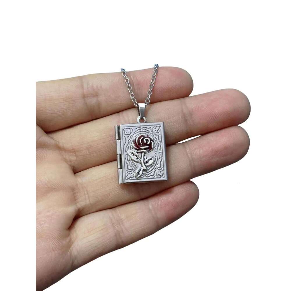 Gothic Book Animal Photo Box Charm, Fire Dragon Moth Snake Rose Bat Sun Necklace, Vintage Jewelry Gifts For Her/Him H260312