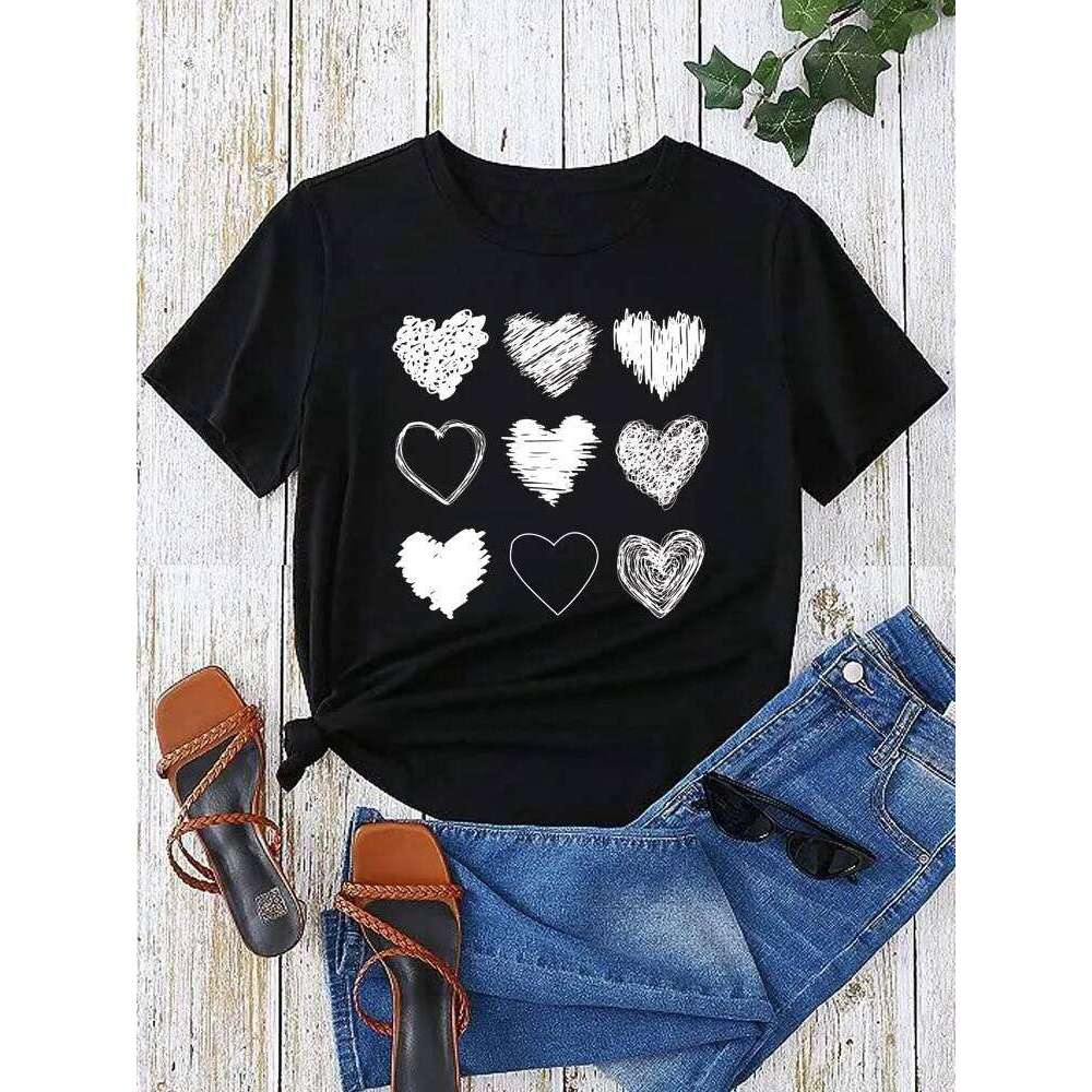 Red Heart Printed T-Shirts Fashion Streetwear Short Sleeve Tee Clothing Casual Soft Women Tops Valentine's Day T-shirt Z260314