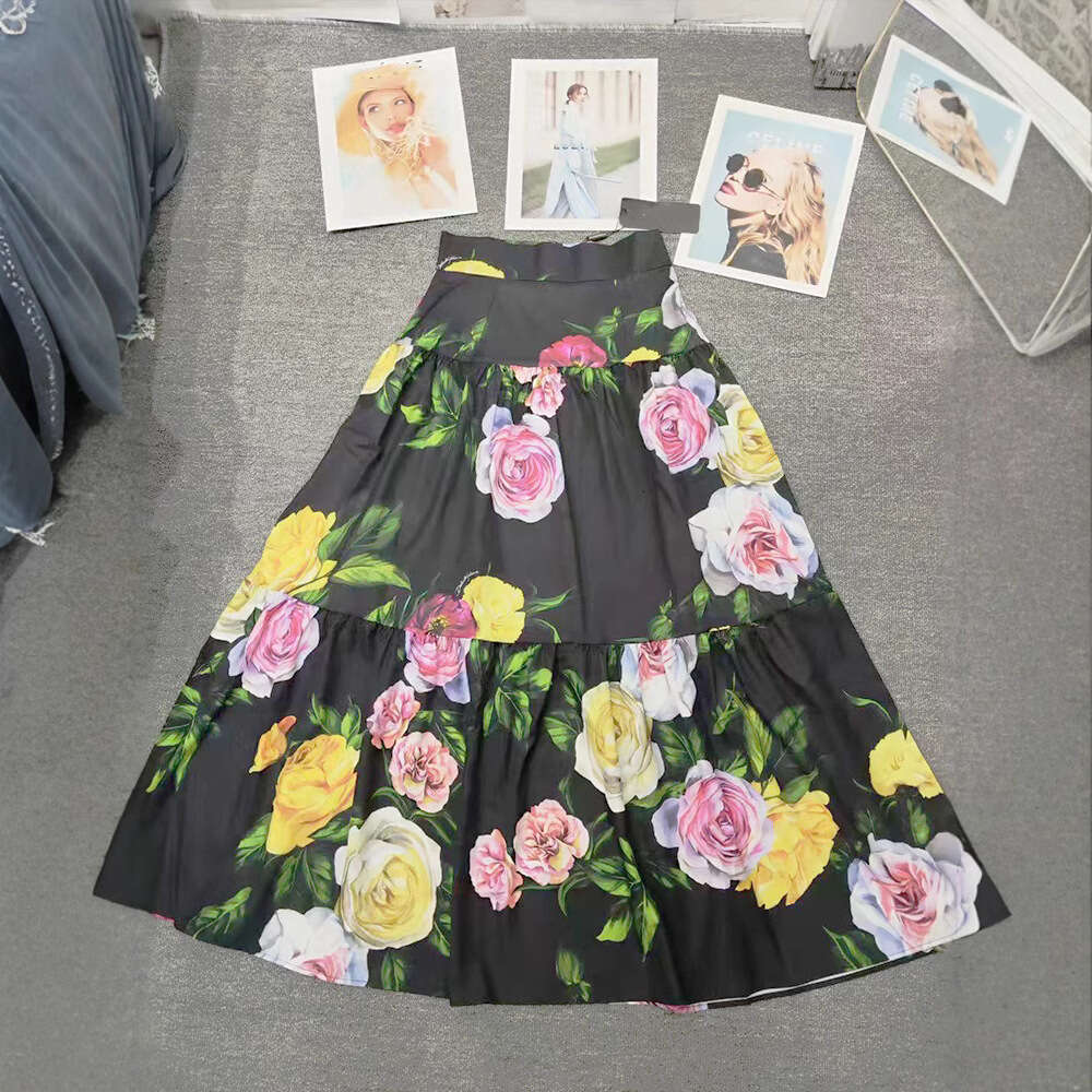 Designer women's retro A12 printed high waisted skirt, fashionable and versatile, pleated and loose A-line fluffy skirt