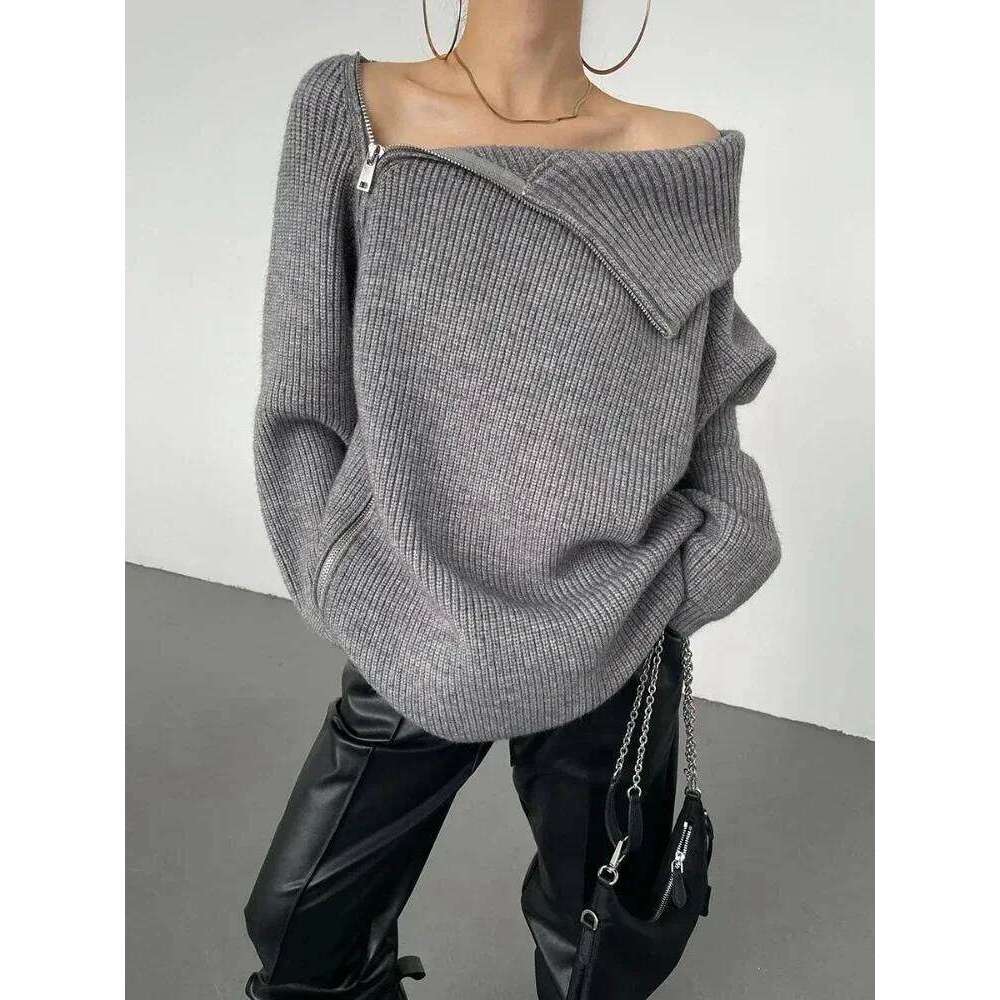 Women's Turtleneck Zipper Oversize Fashion Sweaters 2025 Autumn Knitwears Loose Thick Warm High Neck Solid Pullovers Women Z260313