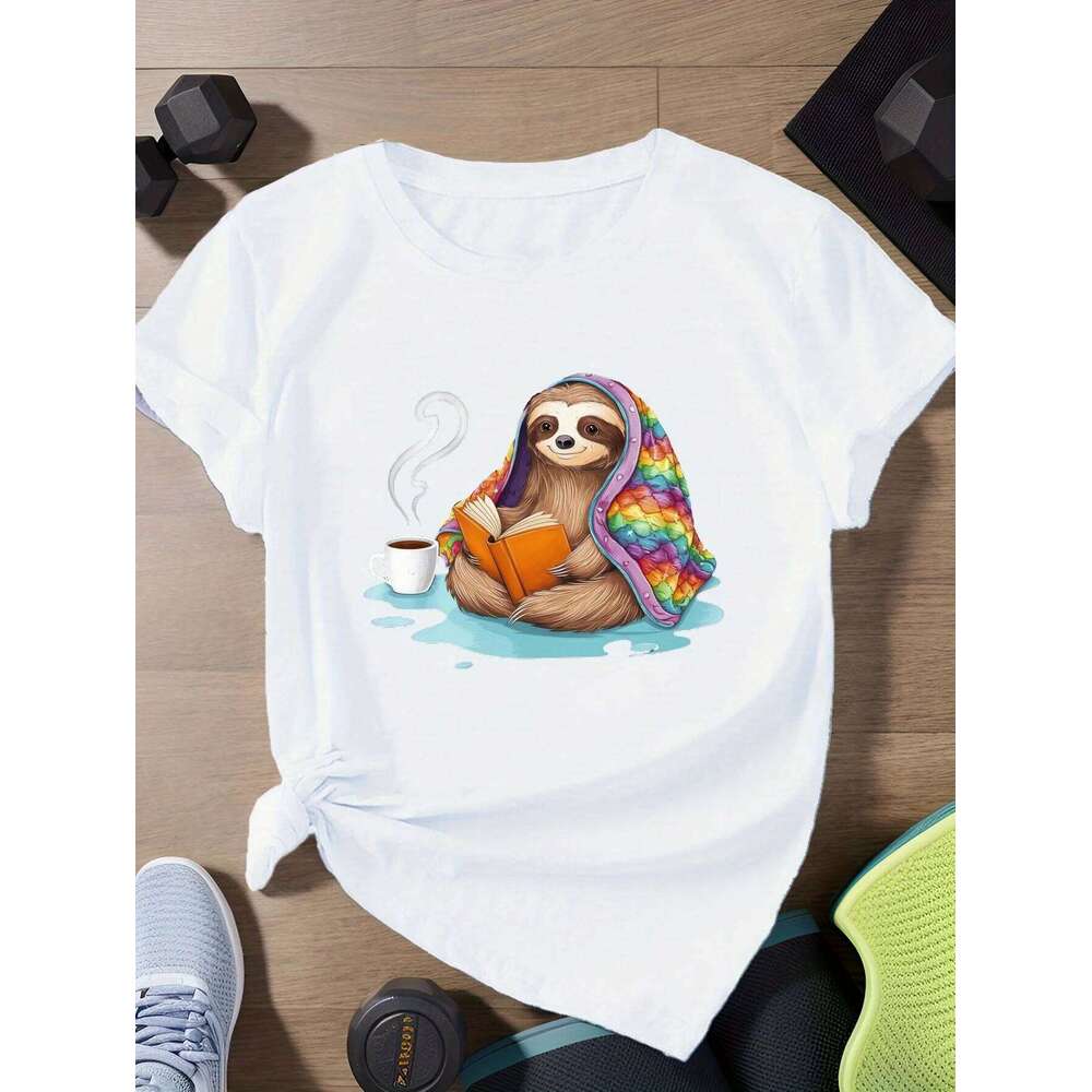Sloth with Rainbow Quilt Print Women's Short T-Shirt Harajuku Sleeve Casual Clothing Street Tops Tees Aesthetic Clothes Z260314