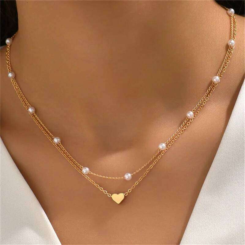 Vintage Pearl Choker Necklaces for Women Fashion Double layer Chain Small Heart Pendant Necklace Jewelry Gift Wholesale H260312