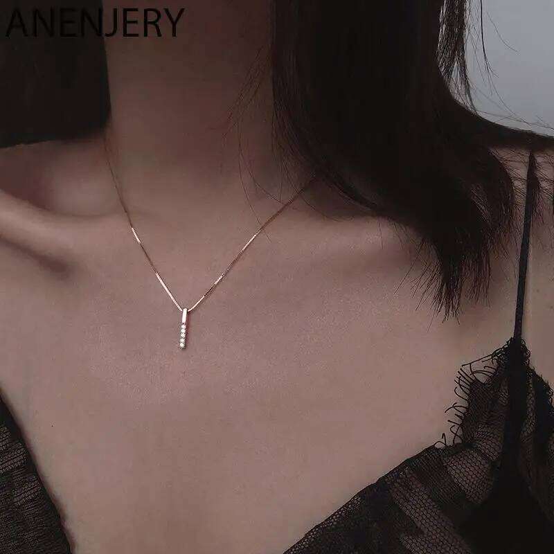 ANENJERY Silver Color Strip Geometric Cubic Zircon Simple Clavicle Chain Charm Necklace For Women Jewelry S-N545 H260312