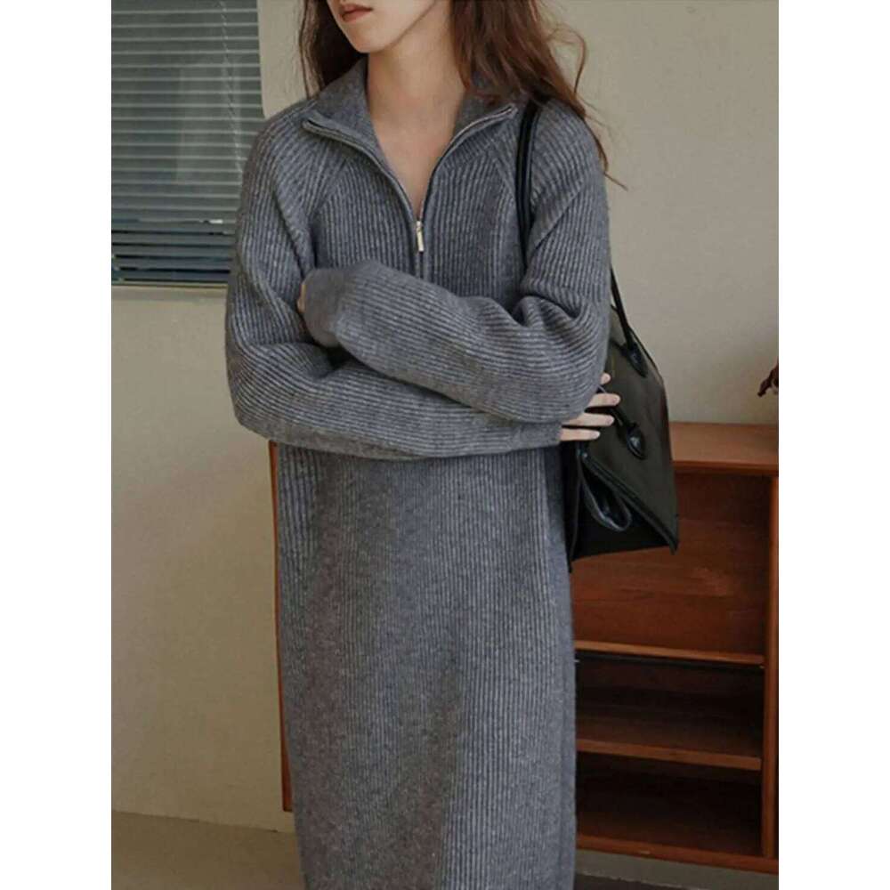 Lazy style over-the-knee mid-length lapel loose knit women autumn winter inner wear base layer knitted dress Z260314