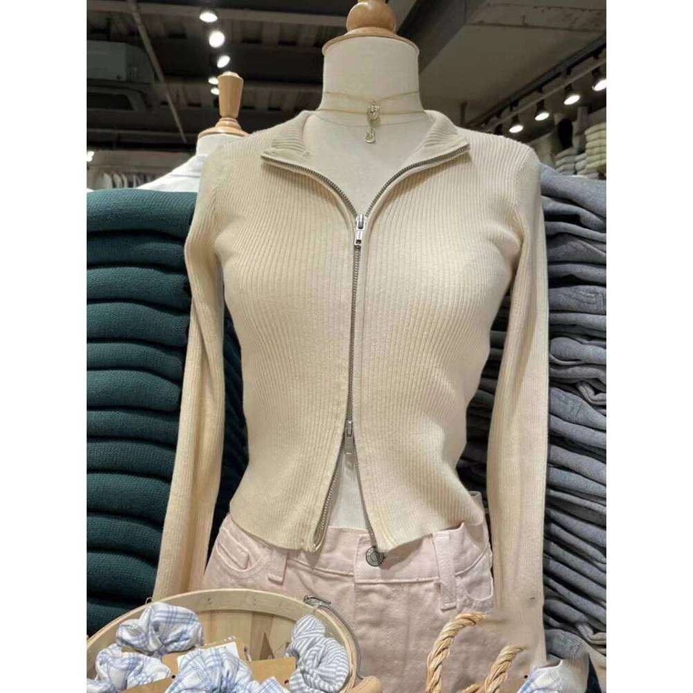 Solid Sexy Slim Knitted Sweater Women Autumn Soft Cotton Double Zippers Crop Top Vintage Simple Sweet Cardigan Tops Y2k Z260313