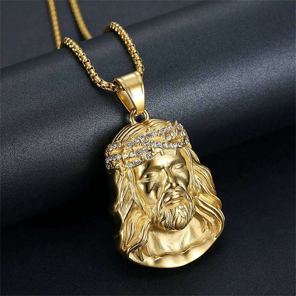 Religious Fashion Christ Jesus Head Pendant Gold Color Stainless Steel CZ Christian Necklace For Men Jewelry Male Gift 2025 H260312
