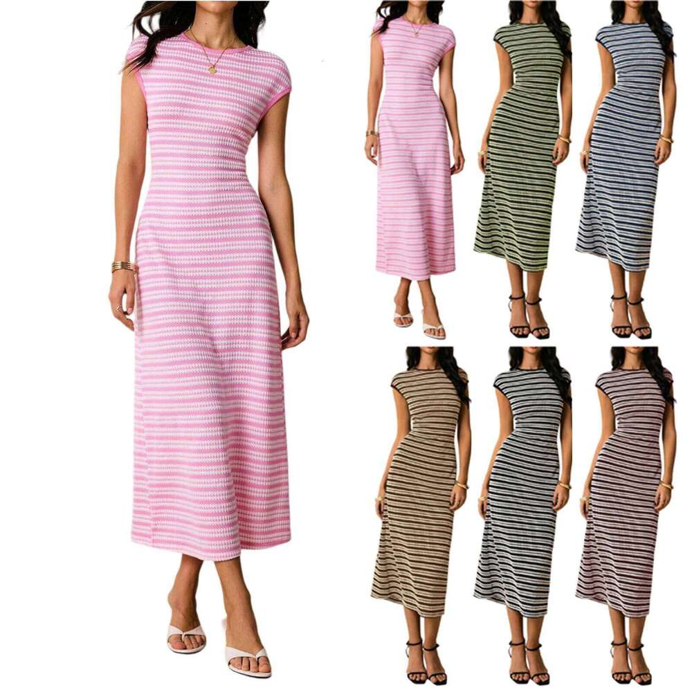 Women's Spring Slim Fit Striped Knit Dress Fashion Casual Color Blocked Waist Cinched Round Neck Short Sleeved Long Dresses Z260313