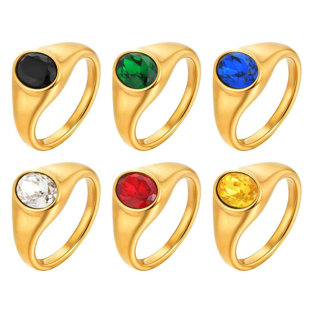 Vnox Minimalist Round Zircon Inlaid Rings For Women Men Stainless Steel Gold Color Elliptical Stone Ring Jewelry Never Lose H260312