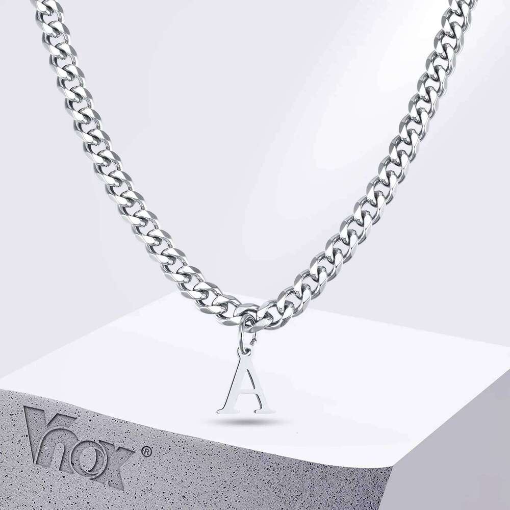 Vnox Simple A-Z Letter Necklace Men Women, Waterproof Stainless Steel Cuban Chain Necklace, Jewelry Gift for Him H260312