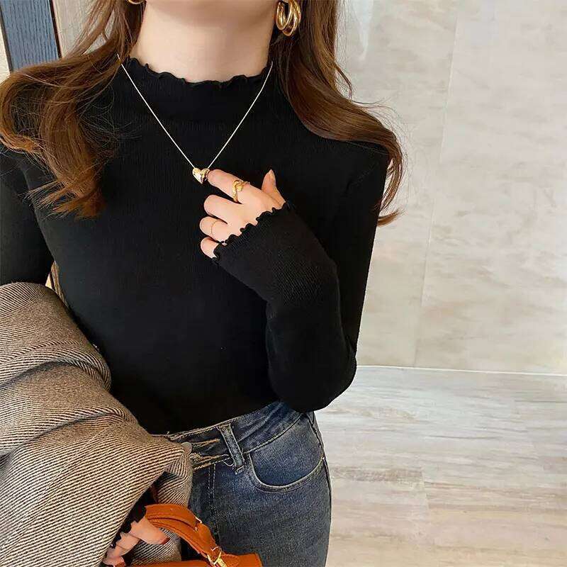 Knitted Pullovers New Long Sleeve Mock Neck Black Knit Sweater Pullover Women Tops Sweaters Sueters De Mujer Q1083 Z260314