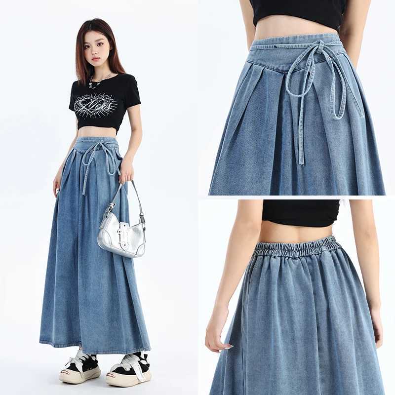 Autumn 2024 New High Elastic Waist Long Denim Skirt For Women Korean Style Streetwear Lace-up Blue Maxi Jeans Skirts Female M260314