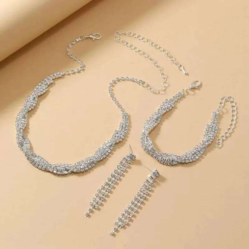 3-piece Fashionable Rhinestones Tassel Earrings Necklace Bracelets Set for Women Bridal Elegant Gorgeous Wedding Jewelry Sets Z260313