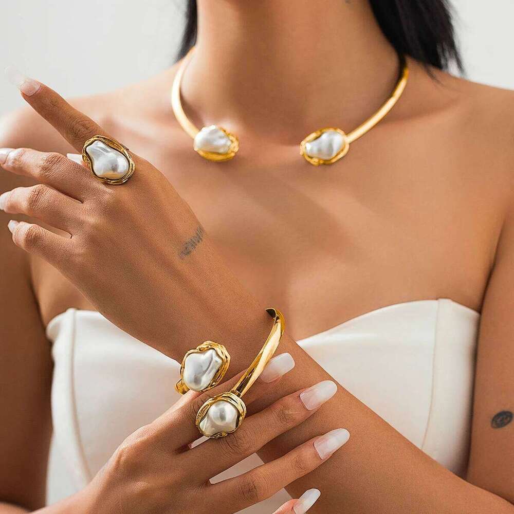 KunJoe Elegant Baroque Imitation Pearl Choker Necklace Bangles Ring Jewelry Set Women Chunky Circle Open Torques Collar Bracelet Z260313
