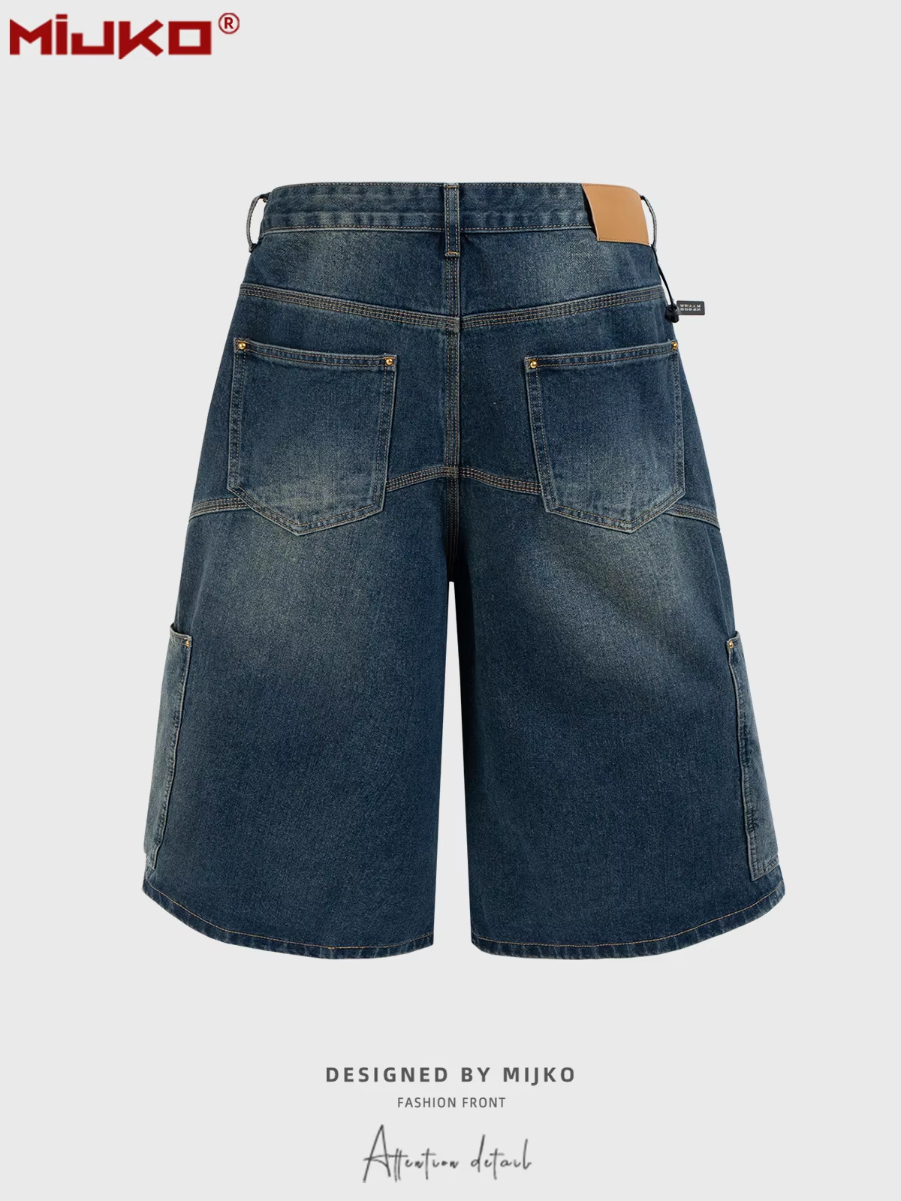 MIJKO Men's and Women's Spring and Summer New Indigo Work Denim Shorts Unisex Washed Vintage Deconstructed Design Trendy TJ169