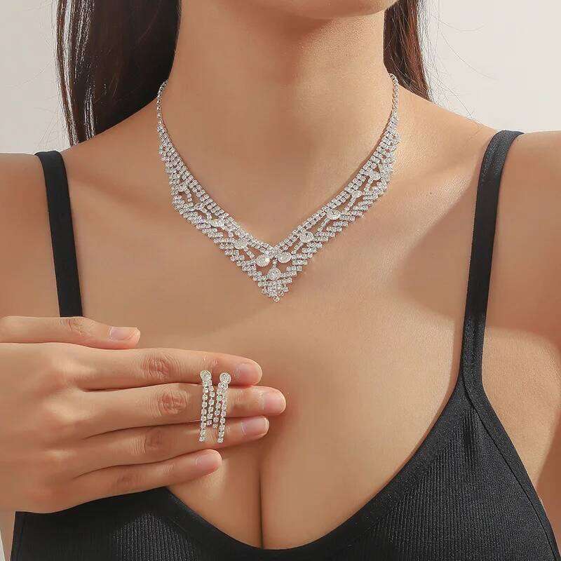 FYUAN Geometric Rhinestone Necklace Earrings For Women Weddings Bride Jewelry Sets Accessory Z260313