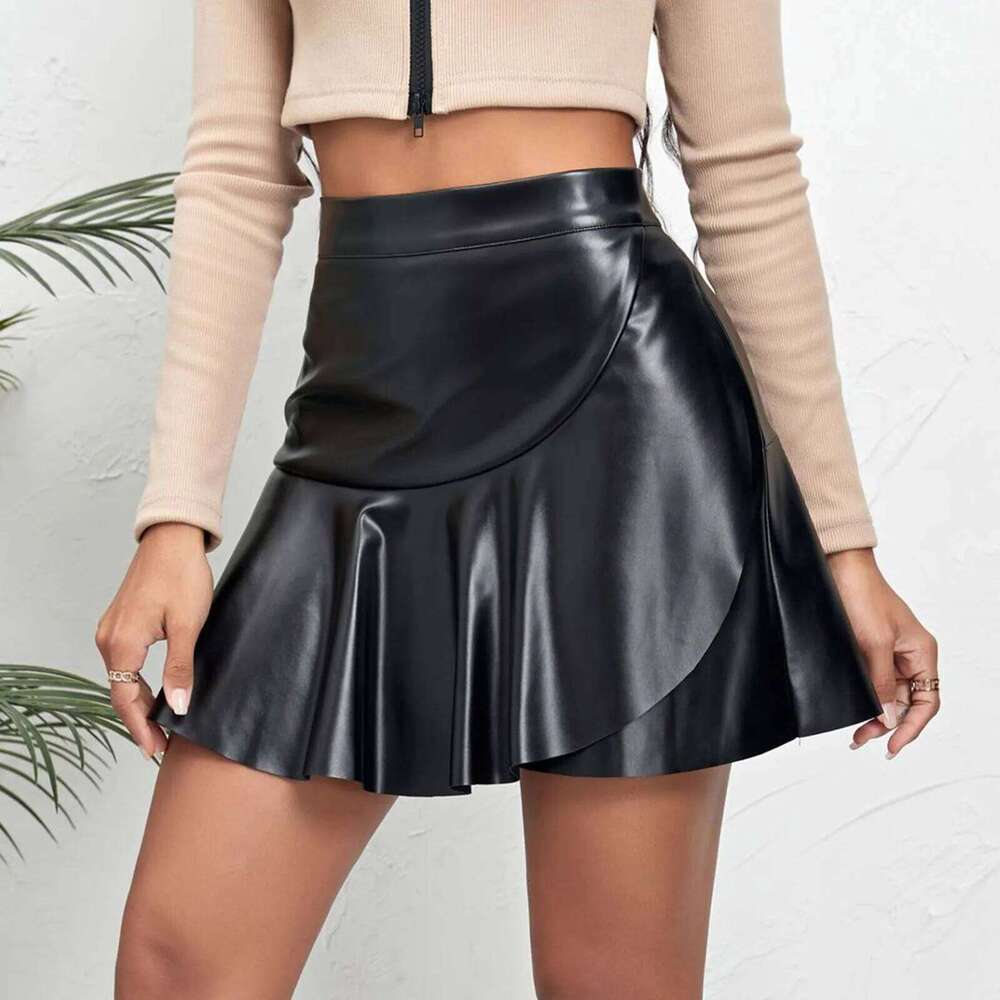 Women's Black Faux Leather Pleated Mini Stretchy High Waisted Tennis Cheer Skirt Flowy A Line Short Skirts Z260314