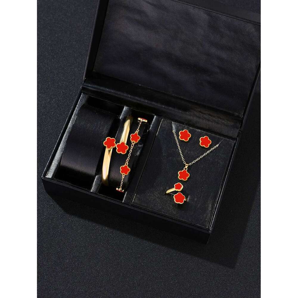 5pcs Lucky Five-petal Women's Jewelry Set, Fashion Flower Necklace Earrings Bracelet + Ring, Birthday, Ann Z260313