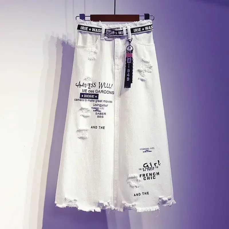 2025 New Women Skirt White Denim Long Skirts Letter Print Korean Style Fashion Hole Oversize Plus Size Female Skirts M260314