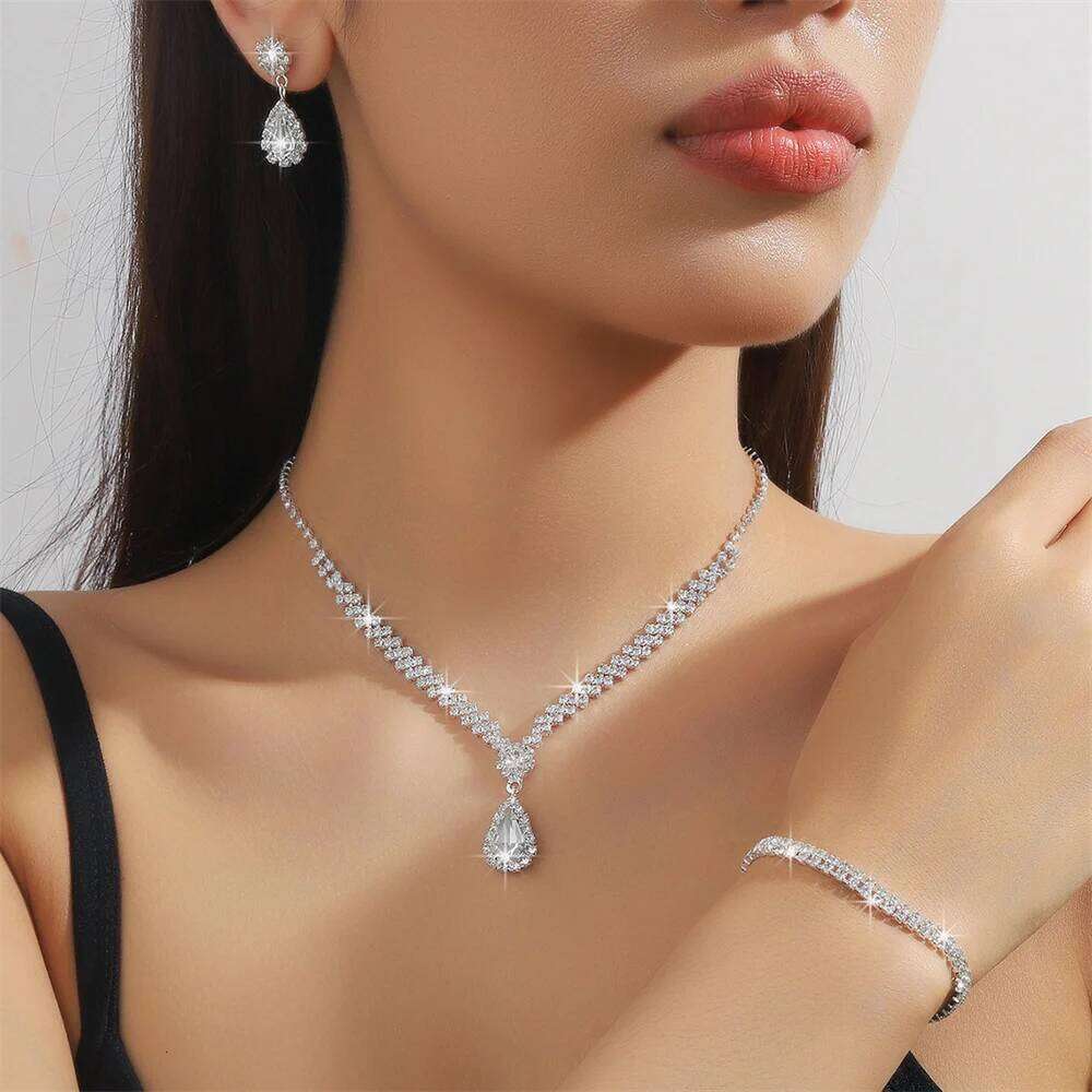 Fashion Crystal Bridal Geometric Choker Necklace Earrings Bracelet Wedding Neckchain Jewelry Sets Women Gift Z260313