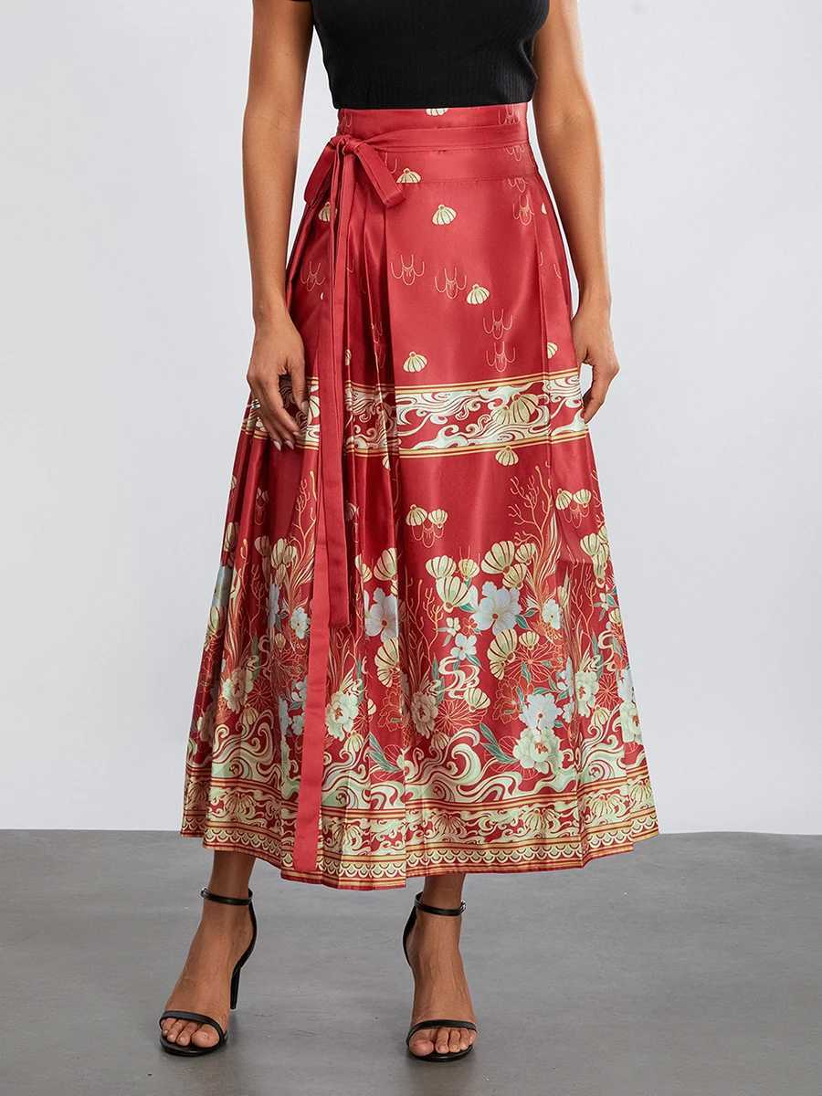 Women s Horse Face Skirt EleGant Phoenix Character Flower Print Pleated Tie Up A-Line Long Swing Skirt Clothing M260314