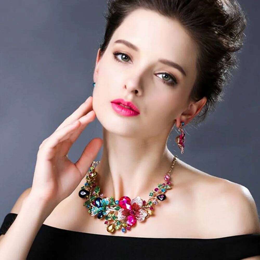 Fashion Bauhinia Flowers Crystal Set Multicolor Earrings with Matching Wedding Necklace Women Jewelry Z260313