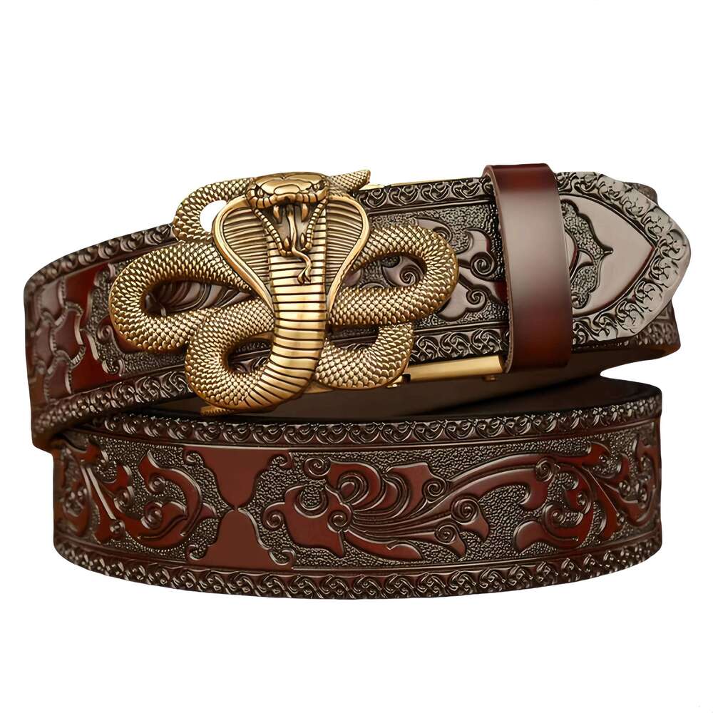 New Genuine Leather Belt Luxury Snake Metal Automatic Buckle Cowhide Belts for Men Jeans Waistband Male Strap Black Z260226