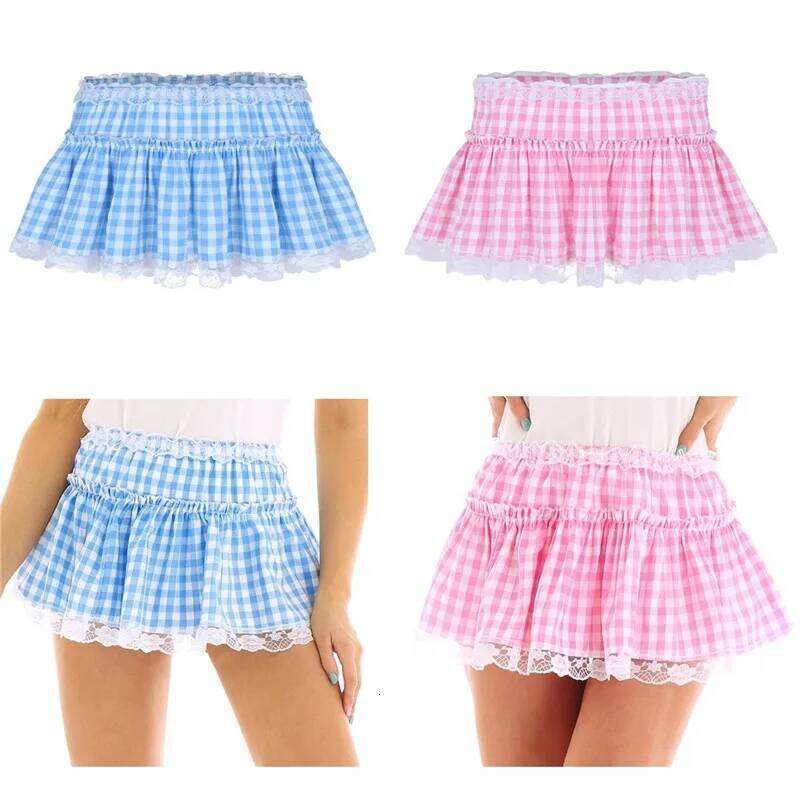 Women Y2K Lace Mini Skirt Summer Plaid Gingham Ruffle Short Fairy Princess Sexy Low Rise Pleated A-line Skirts Lolita 2000s Z260314