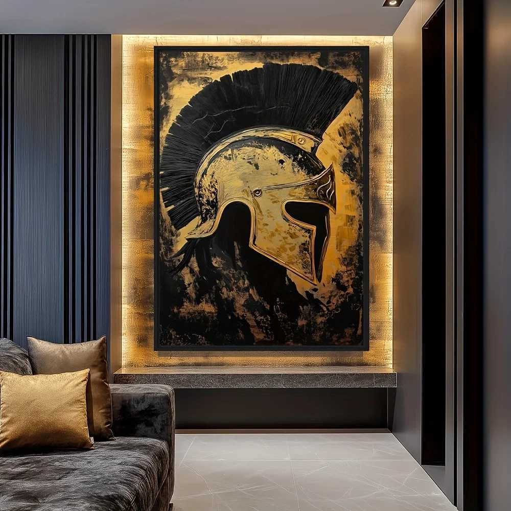 2D Flat 1pc Spartan Helmet Poster - Black and Golden Ancient Greek Battlefield Wall Art - Frameless print with - for Living Roo D260314
