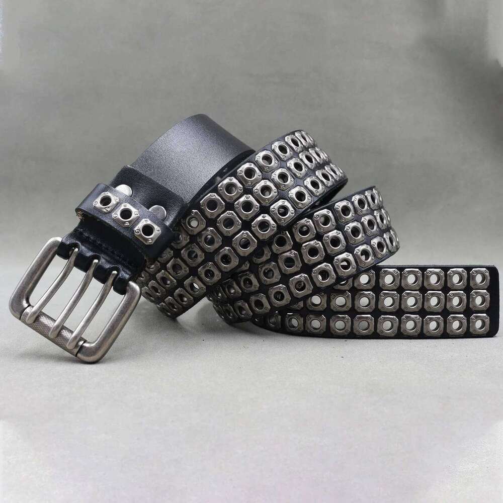 Brand Men Rivet Real Pin Male Black Rock Genuine Leather Cowhide Luxury Punk Belt Jeans Z260226