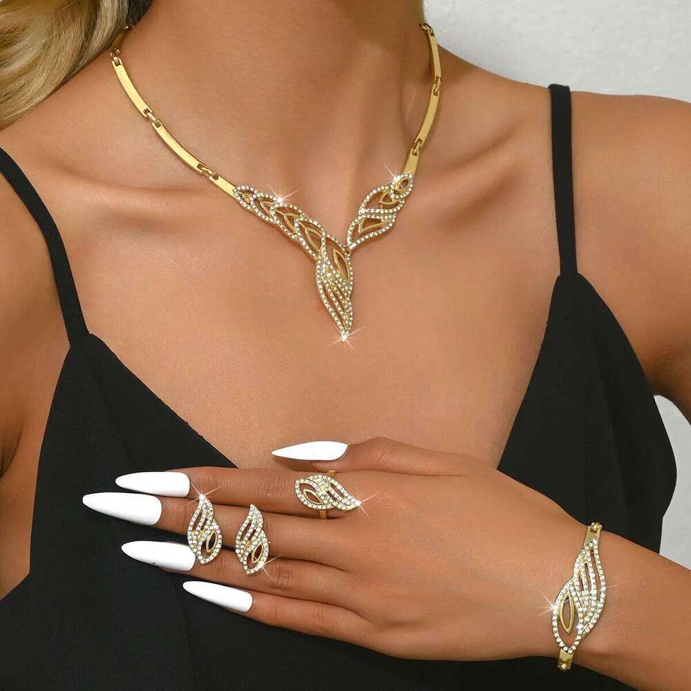 Luxury Gold Leaf Pattern Jewelry Set Women's Necklace Earrings Ring Bracelet 4pcs Shiny Party Wedding Statement Accessories Z260313