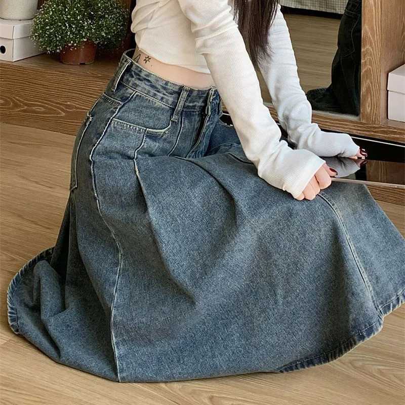Summer Lady Chic Fashion High Waist Jeans Skirts Women Thin Mid-Long Denim Skirts s Retro Fashion Casual Denim Dress M260314