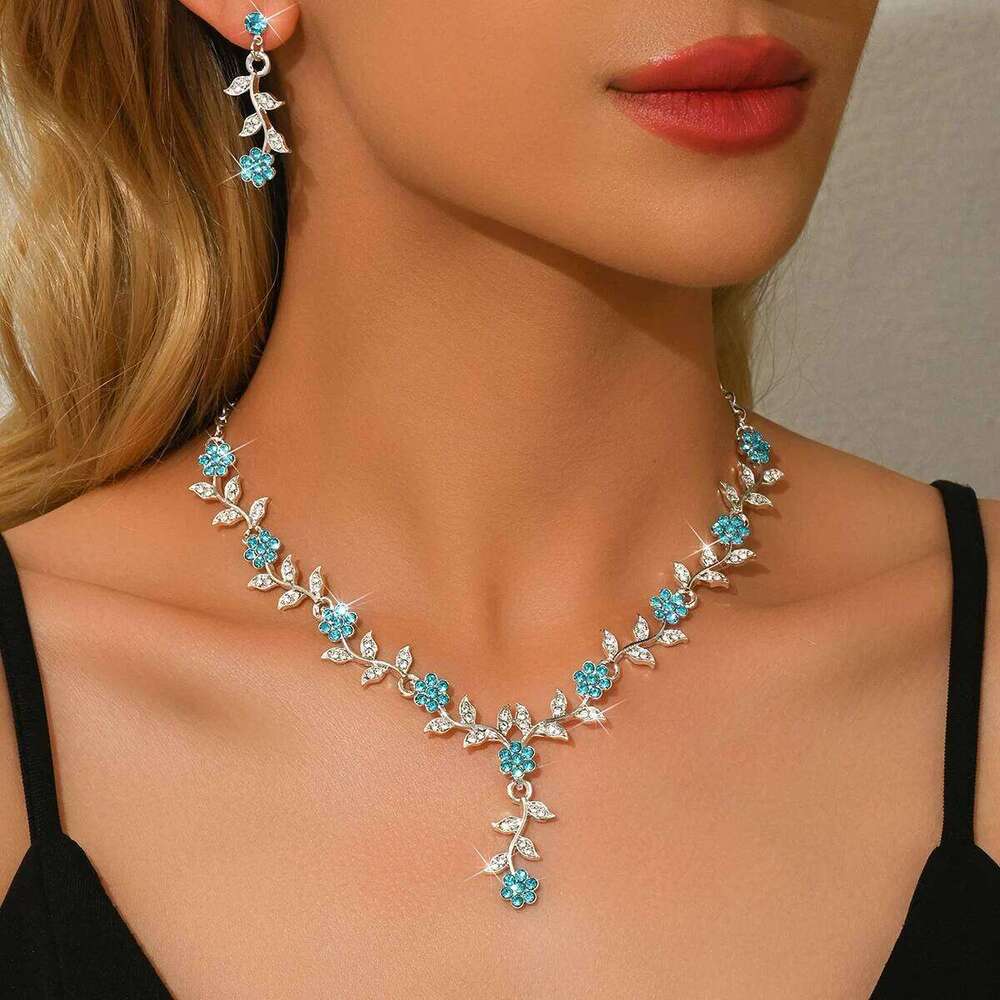Crystal Vine Necklace & Earring Set Women V-Neck Leaf Pendant Jewelry for Party Evening Statement Z260313