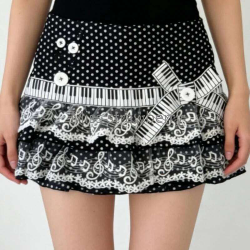 Gothic Aesthetic Hot Girl Slim Polka Dot Note Women Design Y2k Lace Bow A-line Cake Piano Skirts Vintage Embroidery Skirt Z260314