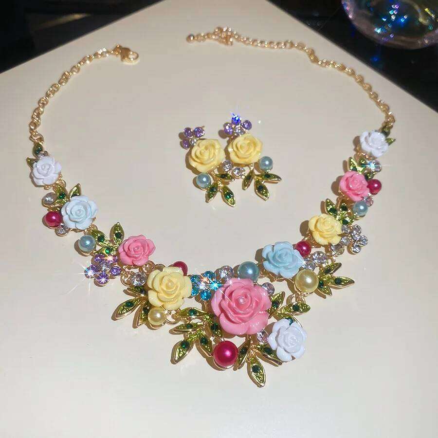 FYUAN Pink Purple Flowers Acrylic Crystal Necklace Earrings For Women Wedding Bride Jewelry Sets Accessories Z260313