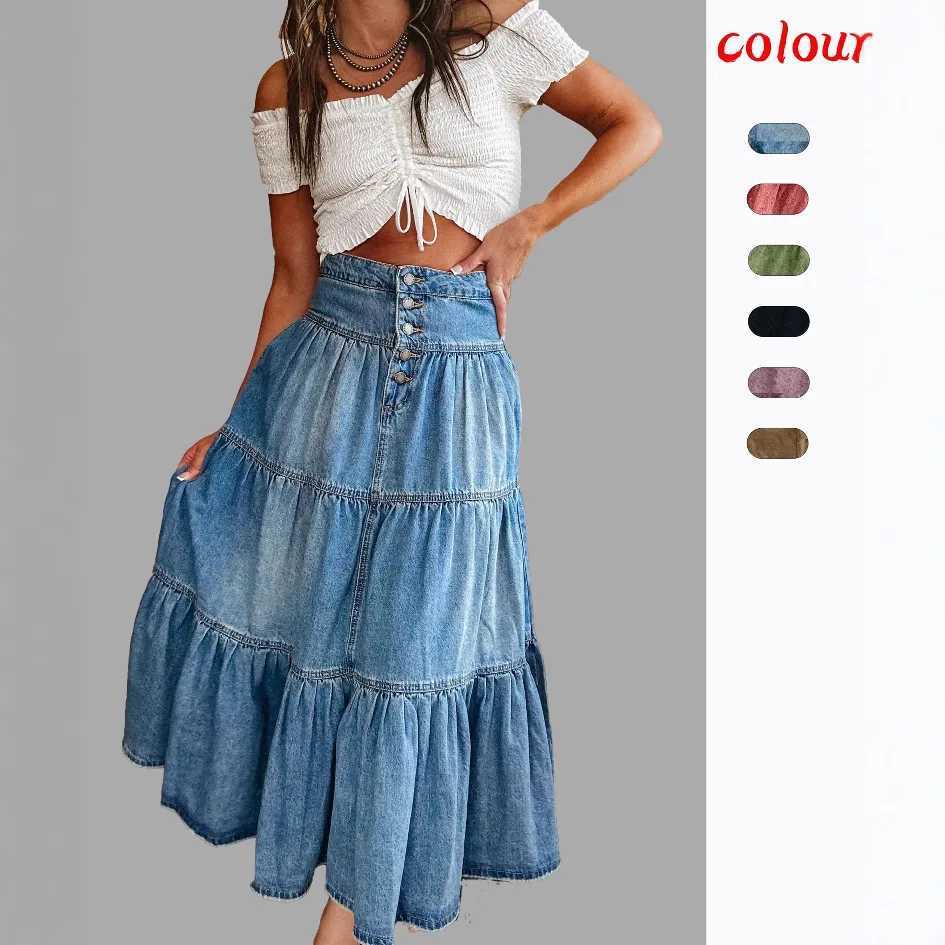 Bohemian Style Cowboy Skirt Women Personalized Street Fashion A-line Tiered Cake Denim Skirts All-match Commuting Clothing New M260314