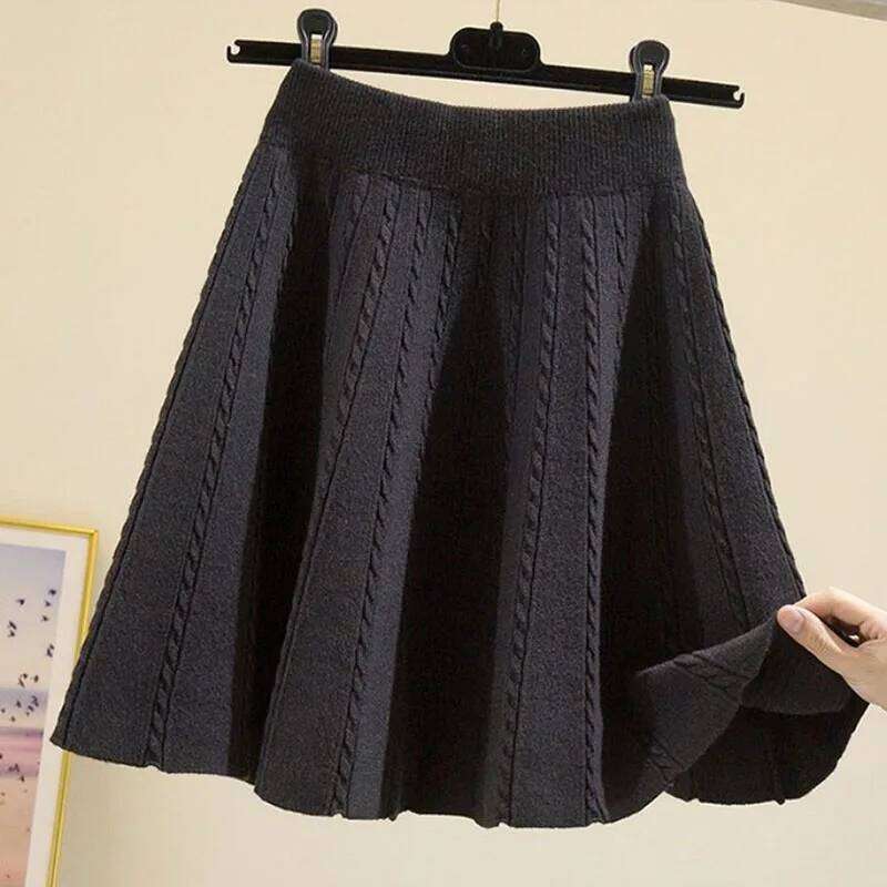 Spring Autumn Knitted Elastic Waist High Irregular 2023 New Screw Thread All-match Pleated Skirts for Women Korean Trend Z260314
