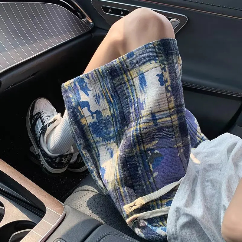 Green Tie-dye Plaid Shorts Mens Summer American Retro Large Size Loose Five-point Pants Trendy Sports Casual Pants Jorts Boxing 260311