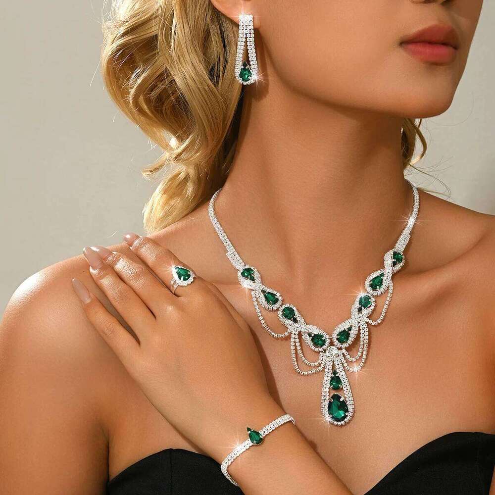 Versatile super sparkling diamond necklace earrings bracelet ring four piece set bride wedding dress banquet accessories Z260313