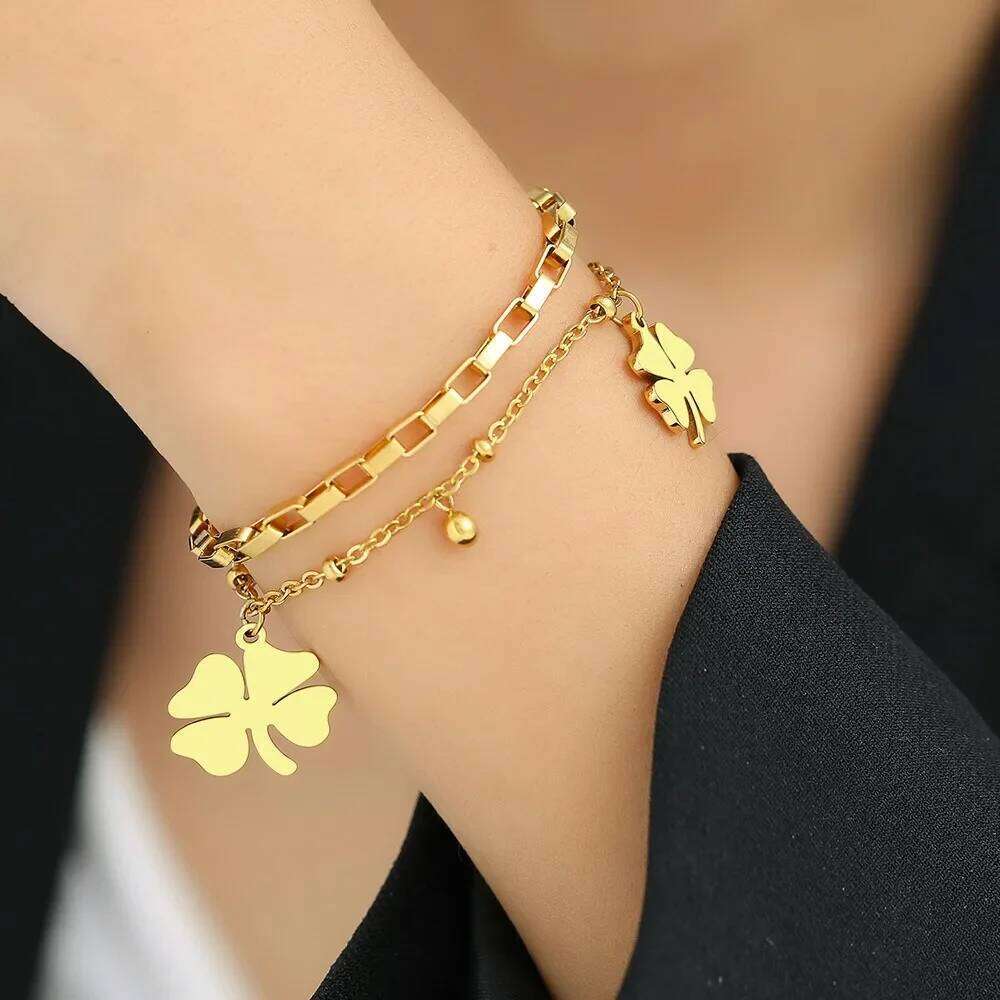 Charm Four Leaf Lucky Flower Double Layer Bracelet for Women Luxury Gold Color Stainless Steel Bangle Jewelry Gift Colorfast Z260313