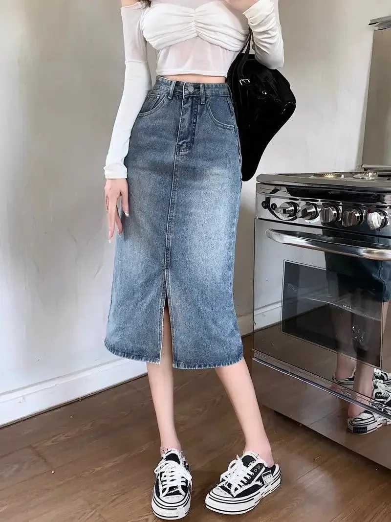 American Retro Distressed Denim Skirt High Waist Slimming Split Design Mid-Length Womens Fashion Ladies Jeans Skirt M260314