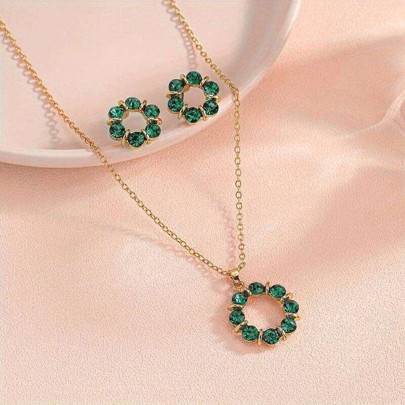 Summer Necklace Earrings Exquisite 2-Piece Set For Women | Model Minimalist Fashion Style Glass Inlaid Circular Jewelry Z260313
