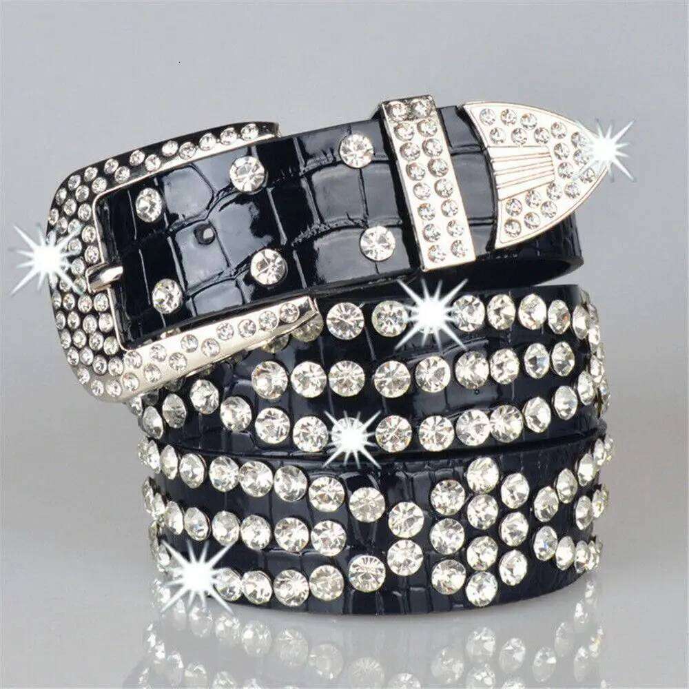 Women Adjustable Studded Rhinestone Belt Waistband Bling Crystal PU Leather Z260226