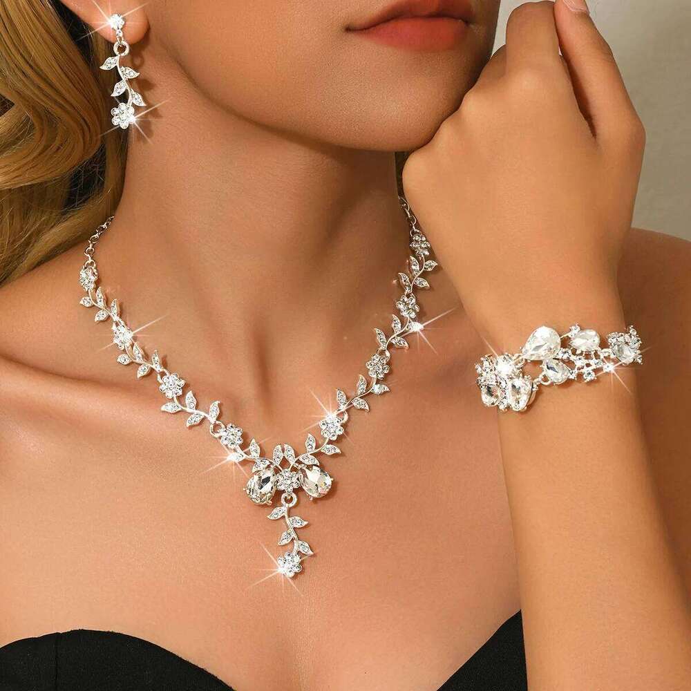 Women's Luxury Crystal Leaf Flower Jewelry Set - Bridal Necklace Earrings Bracelet for Wedding Evening Party Z260313