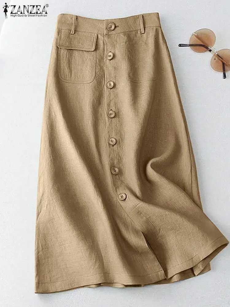 ZANZEA Elegant Cotton Midi Skirts Casual Button Up A-line Skirt Women High Waist Jupe 2024 Summer Solid Temperament Falda Mujer M260314