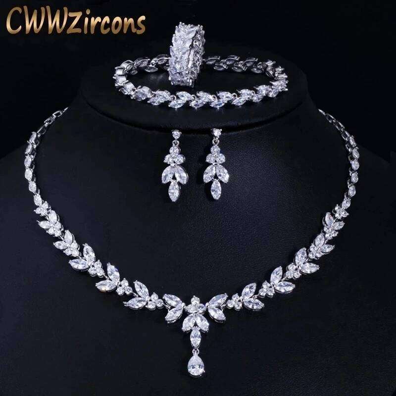 CWWZircons 4Pcs Brilliant Cubic Zircon Necklace Earrings Ring and Bracelet Wedding Bridal Jewelry Sets Dress Accessories T344 Z260313