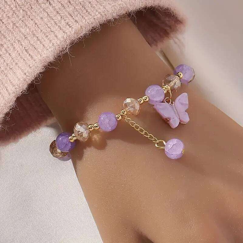 Purple Butterfly Beaded Stretch Bracelet For Women Multi Color Crack Faceted Beads Round Charm Cute Girls Jewelry Gift Z260313
