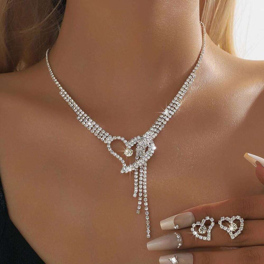 3PC women's fashionable rhinestone peach heart necklace earrings jewelry set, suitable for weddings, parties, and holiday gifts Z260313