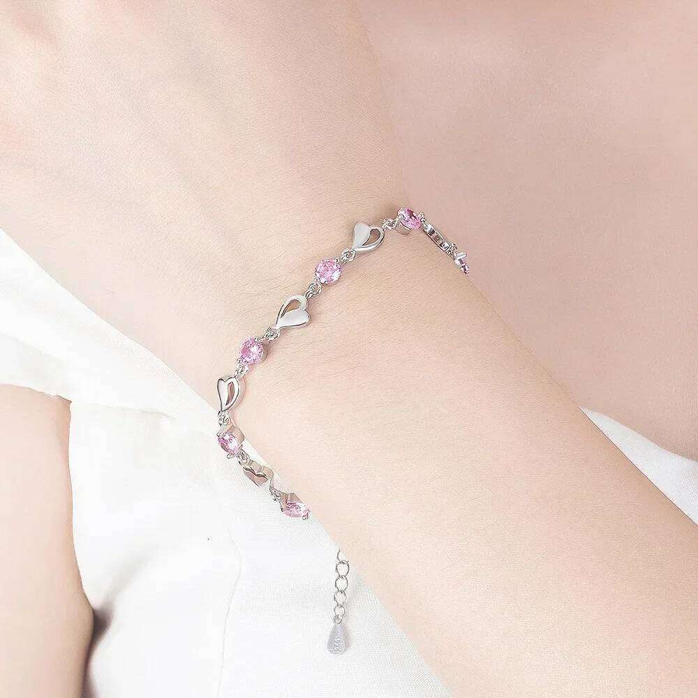 925 Sterling Silver Heart Shaped Bracelet For Women Retro Korean Versatile Pink Crystal Charm Bracelets Original Party Jewelry Z260313